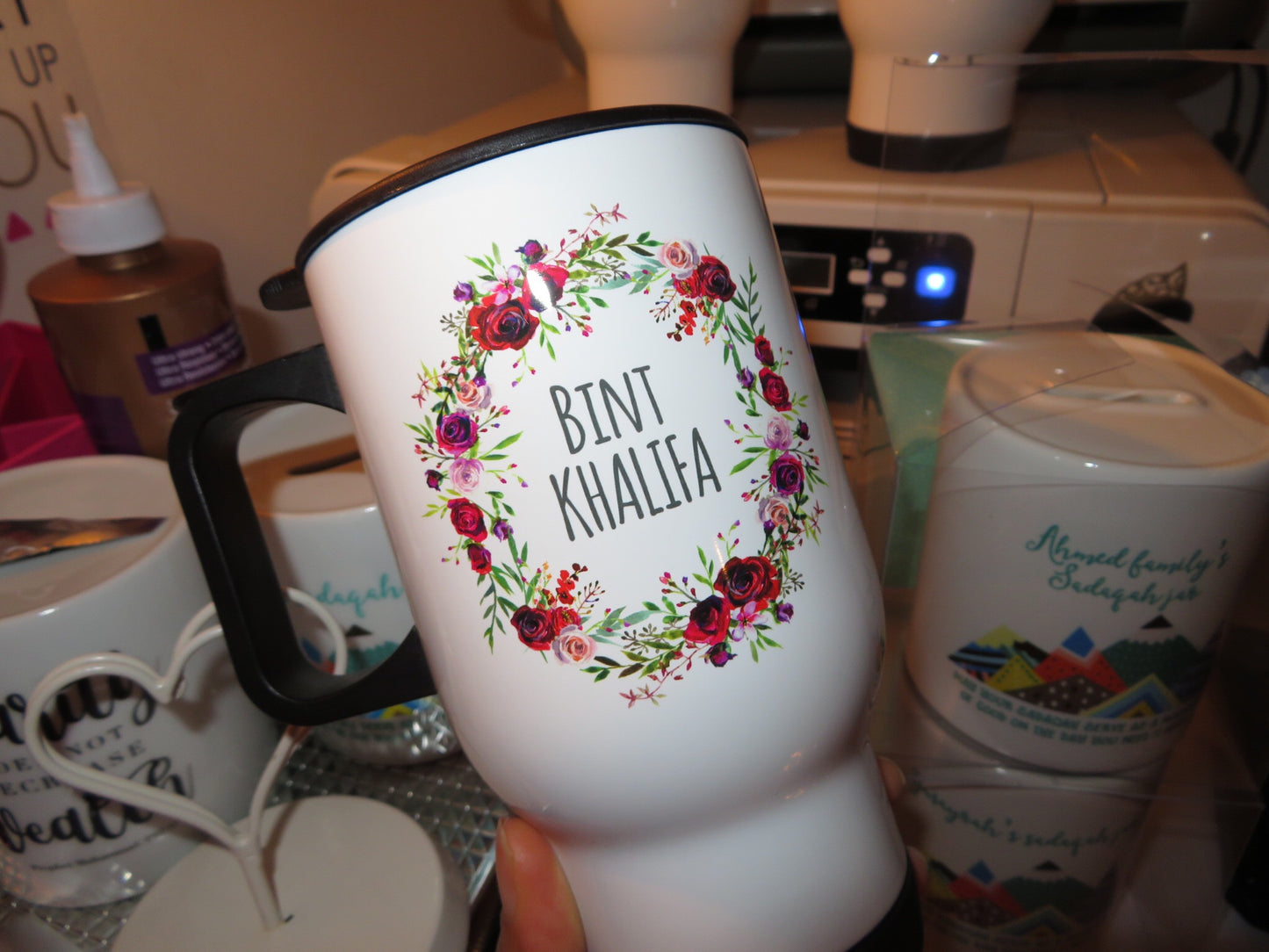 Personalised Wreath Stainless Steel White Travel Mug